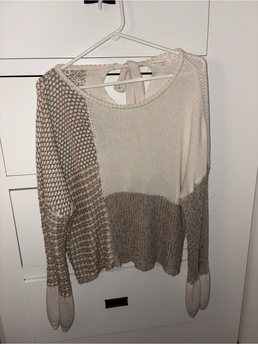 Blu Pepper Beige & Cream Colorblock Off-Shoulder Sweater with Tie-Back